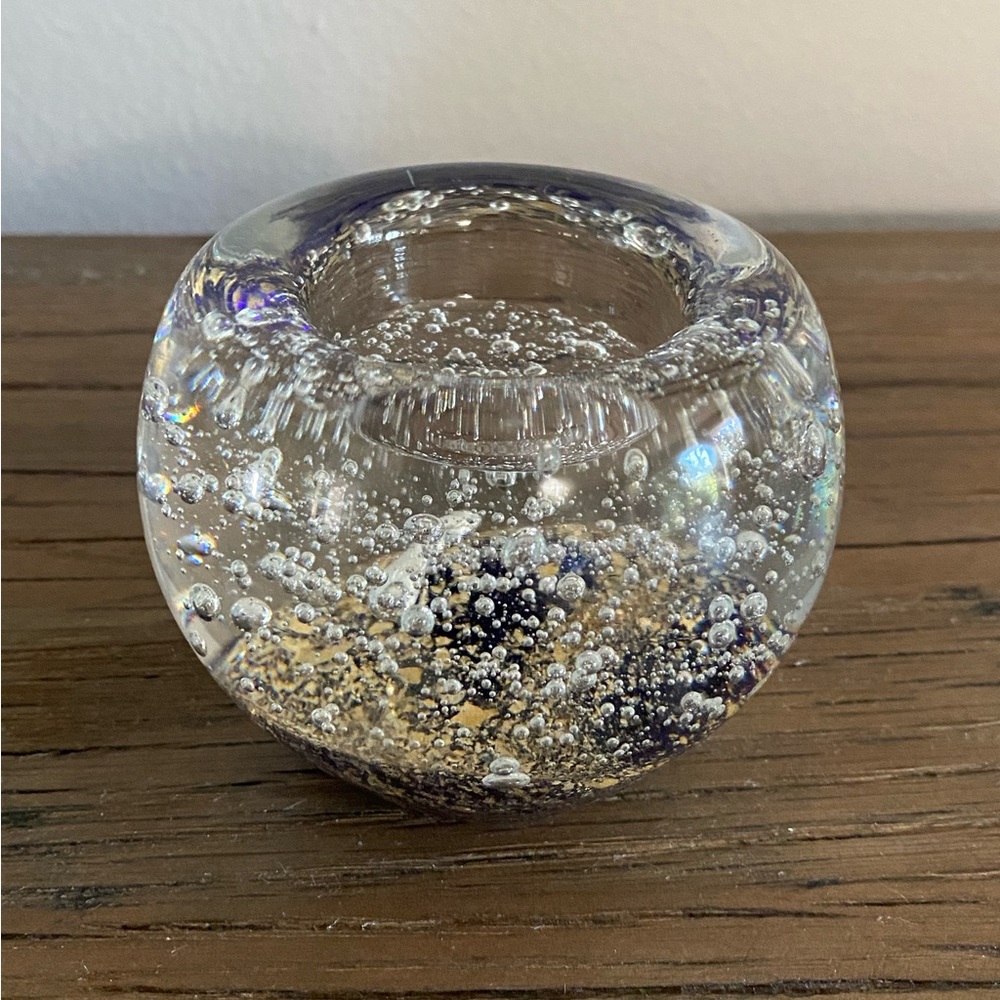 Heavy glass Tealight candle holder with bubbles and gold/blue accents
